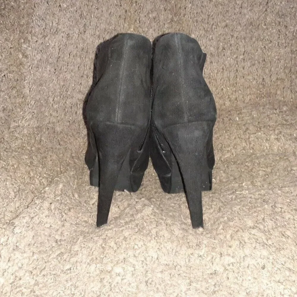 JEFFREY CAMPBELL-Black Suede/Tan Strap-Curved Stiletto-Open Toe Bootie-Zip-Sz 37 - Picture 5 of 7